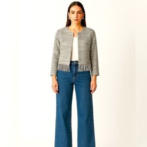 Amanda Uprichard Women's Small Blazer Grey Metallic Neutral Tweed Fringe Cropped